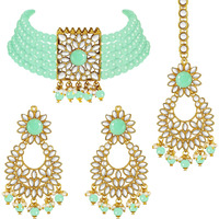 Peora Gold Plated Jodha Akbar Kundan Mint Green Faux Pearl Choker Necklace with Earring Maang Tikka Traditional Bridal Jewellery Set for Women & Girls