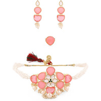 ZAVERI PEARLS Pink Flower Stones Ethnic Pearl Choker Necklace Earring & Ring Set For Women-ZPFK14630