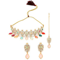 Sukkhi Terrific Gold Plated Multi AD Stones & Beads Choker Necklace Set With Earring And Maangtika | Jewellery Set For Women (NS105563)