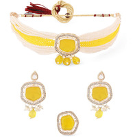 ZAVERI PEARLS Yellow Crystal Multistrand Choker Necklace Earring & Ring Set For Women -ZPFK16180