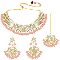Peora 18K Gold Plated Traditional Kundan Peach Faux Pearl Choker Necklace with Earring Maang Tikka Jewellery Set for Women & Girls