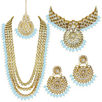 I Jewels Traditional 18K Gold Plated Kundan & Pearl Studded Bridal Choker Necklace Jewellery Set With Earrings & Maang Tikka for Women(IJ325Sb)