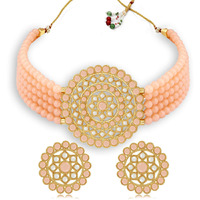 Sukkhi Splendid Gold Plated Peach & White Pearl Choker Necklace Set for Women (SKR70448), free size
