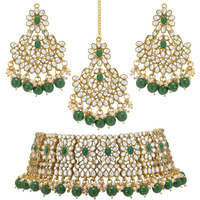Peora Green Crystal Choker Floral Necklace Chandbali Earring Maang Tikka Jewellery Set for Women
