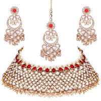 Peora Red God-Plated Indian Traditional Polki Look Kundan Bridal Necklace Earring Set with Maang Tikka for Women