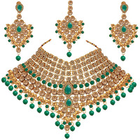 Lucky Jewellery Semi Bridal Dulhan Golden Green Color Wedding & Engagement Necklace Set with Mang Tikka for Girls & Women (1815-L1SS-KD124-LCT-LG)