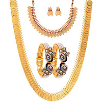 ZENEME Jewellery Gold Plated Bangle Set, Maharani Temple Coin Necklace Set, Short Red Green Necklace and Earrings for Women & Girls (peacock-6)
