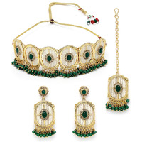 Sukkhi Stylish Circular Gold Toned Plated Green Beads Choker Necklace Set With Earring And Maangtika | Jewellery Set For Women (NS105543)