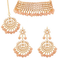 I Jewels 18K Gold Plated Traditional Handcrafted Kundan & Pearl Studded Choker Necklace Jewellery Set with Earrings & Maang Tikka (K7075Pe) For Womens