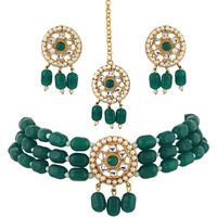 Shining Diva Fashion Latest Stylish Fancy Choker Traditional Pearl Kundan Necklace Jewellery Set for Women (12828s), Green, One