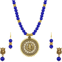 JFL - Jewellery for Less Fashionable Gold Plated Oxidized German Ganesha Beaded Necklace with 2 pair of Earrings Set for Women and Girls(Navy Blue),Valentine