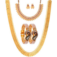 ZENEME Jewellery Gold Plated Bangle Set, Maharani Temple Coin Necklace Set, Short Red Green Necklace and Earrings for Women & Girls (peacock-3)