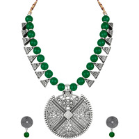 JFL - Jewellery for Less Womens Contemporary Fashion German Silver Oxidized and Beaded Choker Necklace Set with Adjustable Thread (Green),Valentine