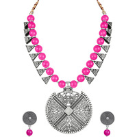 JFL - Jewellery for Less Womens Contemporary Fashion German Silver Oxidized and Beaded Choker Necklace Set with Adjustable Thread (Pink),Valentine