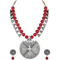 JFL - Jewellery for Less Womens Contemporary Fashion German Silver Oxidized and Beaded Choker Necklace Set with Adjustable Thread (Red),Valentine