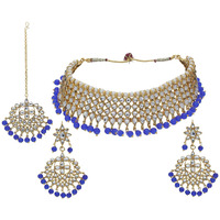 I Jewels 18K Gold Plated Traditional Handcrafted Kundan & Pearl Studded Choker Necklace Jewellery Set with Earrings & Maang Tikka (K7075Bl) For Womens