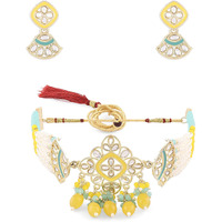 ZAVERI PEARLS Turquoise & Yellow Crystal Multistrand Kundan Choker Necklace & Earring Set For Women-ZPFK15642