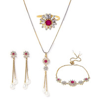 ZENEME Jewellery Set Gold Plated American Diamond Ruby Colored Necklace Set with Earring, Ring and Bracelet Jewellery For Women and Girls