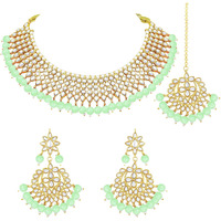 Peora 18K Gold Plated Traditional Kundan Pearl Mint Faux Pearl Choker Necklace with Earring Maang Tikka Jewellery Set for Women Girls