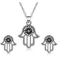 Young & Forever Gift Timeless Treasure Dvine black swarovski zirconia hamsa hand pendant set for women stylish princess length delicat silver plated chain stud earring jewelry set for girls