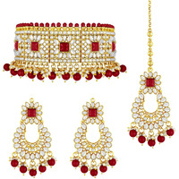 Peora Rani Padmavati Dulhan Bridal Kundan Red Faux Pearl Choker Necklace with Earrings Maang Tikka for Women Girls Indian Traditional Jewellery set
