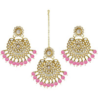 Peora Wedding Traditional 18K Gold Plated Earring Maang Tikka Jewellery Set for Women Girls (Pink)