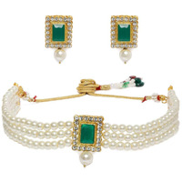 ZAVERI PEARLS Green Stones & Multistrand Pearls Ethnic Choker Necklace & Earring Set For Women-ZPFK10144