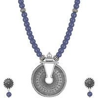 JFL - Jewellery for Less Fashionable Oxidized German Silver Key Hole Beaded Necklace with 1 pair of Earrings Set for Women and Girls(Sea Blue),Valentine