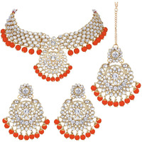 Peora Indian Traditional 18K Gold Plated Kundan Bead Choker Necklace with Earring Mangtikka Jewellery Set for Women Girls