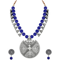 JFL - Jewellery for Less Womens Contemporary Fashion German Silver Oxidized and Beaded Choker Necklace Set with Adjustable Thread (Navy Blue),Valentine