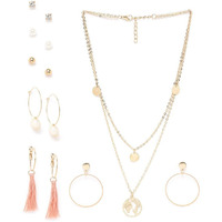 Jewels Galaxy Best Valentine Gifts Limited Edition Set of 6 Gold Plated Stud & Drop Earrings With a Layered Necklace (JG-PC-ERGG-183)