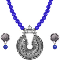JFL - Jewellery for Less Silver Plated Oxidized Pendant with Beaded Necklace Set for Women and Girls (Blue),Valentine