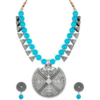 JFL - Jewellery for Less Womens Contemporary Fashion German Silver Oxidized and Beaded Choker Necklace Set with Adjustable Thread (Turquoise Blue),Valentine