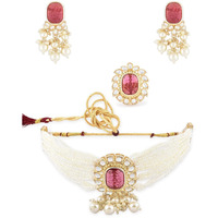 ZAVERI PEARLS Wine Stone Multistrand Pearls Kundan Choker Necklace Earring Ring Set For Women-ZPFK15202