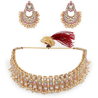 ZAVERI PEARLS Pink & Green Stones Studded Traditional Necklace & Earring Set For Women-ZPFK13799
