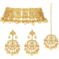 I Jewels Gold Plated Traditional Kundan & Pearl Studded Choker Necklace Jewellery Set with Earrings & Maang Tikka For Women (K7069FL)