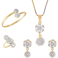 ZENEME Valentine Gift Combo of Gold Plated White Colored and American Diamond Pendant with Earrings, Bracelet and Ring for Women (White Round)