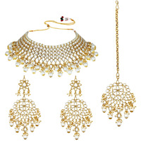 Peora Gold Plated White Pearl Kundan Choker Necklace with Earring Maang Tikka Traditional Ethnic Bridal Jewellery Set for Women