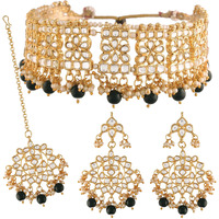 I Jewels Gold Plated Traditional Black Pearl Drop Kundan Choker Necklace With Earrings And Maang Tikka Jewellery Set For Women (K7069B)