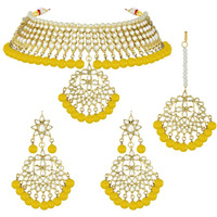 Peora Gold Plated Pearl Kundan Choker Necklace Dangle Earring Maang Tikka Traditional Jewellery Set for Women (Yellow)