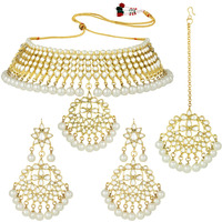 Peora Gold-plated Brass and Kundan, Pearl Necklace Earring Set With Maang Tikka for Women & Girls (Gold & White)