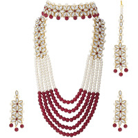 Peora Indian Traditional Gold Plated Crystal Pearl Wedding Bridal Necklace Jewellery Set with Earring Maang Tikka for Women Girls