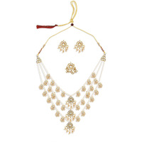 ZAVERI PEARLS Gold Tone Layered Kundan & Pearls Necklace Earring & Ring Set For Women-ZPFK10816