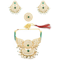ZAVERI PEARLS Green Crystal Bridal Kundan Choker Necklace Earring & Ring Set For Women-ZPFK11438