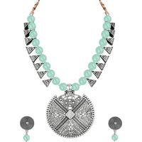 JFL - Jewellery for Less Womens Contemporary Fashion German Silver Oxidized and Beaded Choker Necklace Set with Adjustable Thread (Mint Green),Valentine