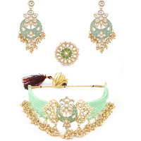 ZAVERI PEARLS Green Meenakari Multistrand Crystals Beaded Choker Necklace Earring & Ring Set For Women-ZPFK13648