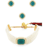 ZAVERI PEARLS Green Stone Studded Multistrand Choker Necklace Earring & Ring Set For Women-ZPFK11442