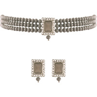I Jewels Silver Plated Traditional Stone Pearl Choker Necklace Jewellery Set For Women/Girls (ML237ZGr)