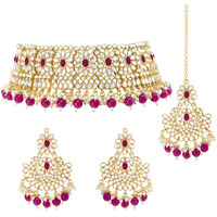 Peora Gold Plated Kundan Studded Choker Necklace Earrings & Maang Tikka Set Wedding Jewellery Set For Girls & Women (Rani Pink)