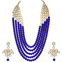 I Jewels Wedding Collection 5 Layer Faux Mother-of-pearl and Kundan Rani Haar Necklace Jewellery Set with Earrings for Women (IJ350BL)
